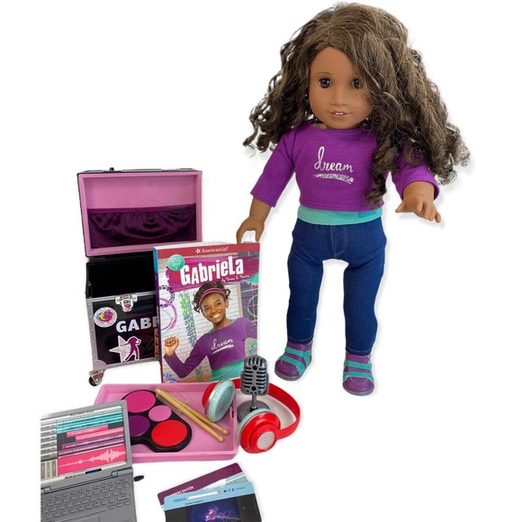 American Girl Gabriela McBride 18” Doll 2017 Curly Hair Pierced Ears Trunk + Lot